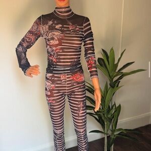 Striped Mesh Dragon Print Two-Piece Set